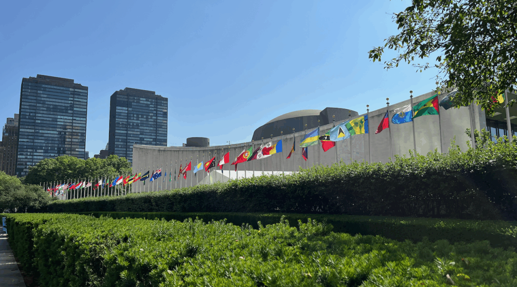 Row of flags in front of the United Nations Headquarters in New York on a sunny day with green bushes in the foreground and skyscrapers in the background