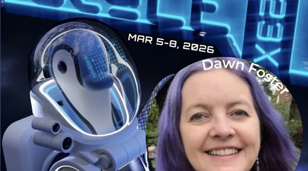 SCALE penguin in a space suit next to my profile picture showing my purple hair. Text reads: SCALE 23x Mar 5-8, 2026. Dawn Foster.