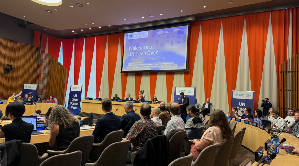 Omar Mohsine at the podium in the ECOSOC Chamber introducing a panel for UN Tech Over during Open Source Week