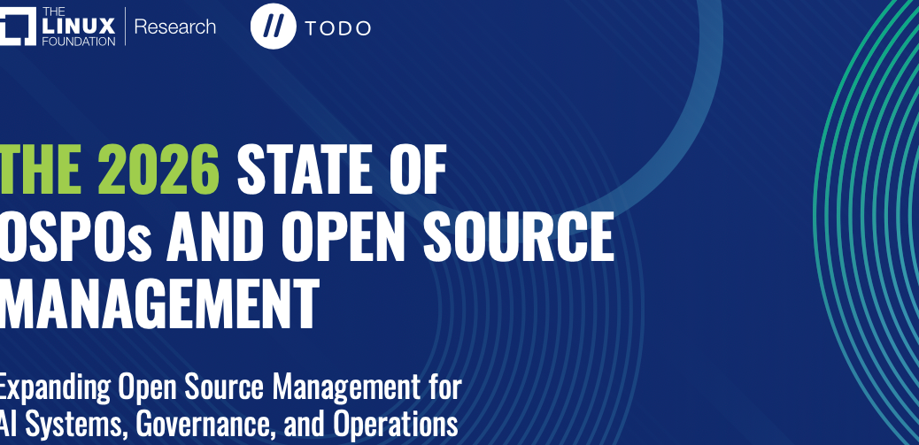 White text on blue background reading THE 2026 STATE OF OSPOs AND OPEN SOURCE MANAGEMENT Expanding Open Source Management for AI Systems, Governance, and Operations